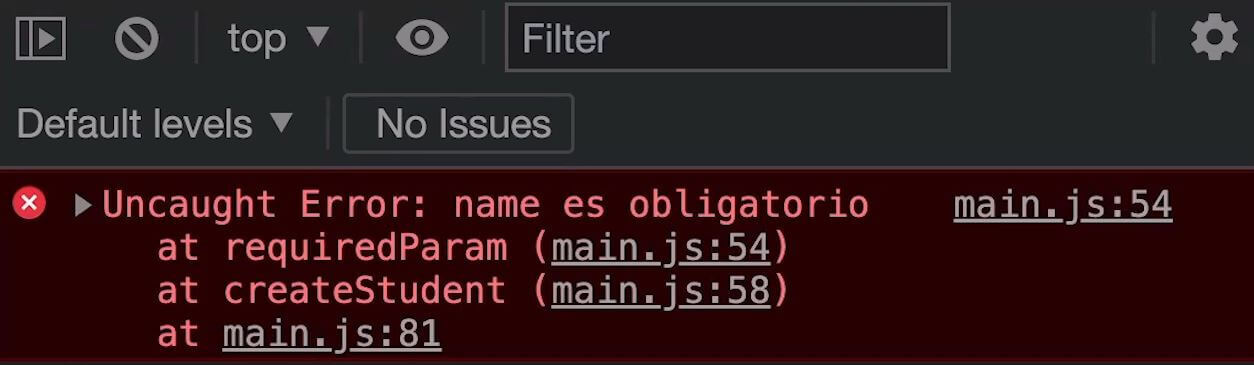 La consola nos muestra un mensaje con formato de Error diciendo que el atributo name es obligatorio